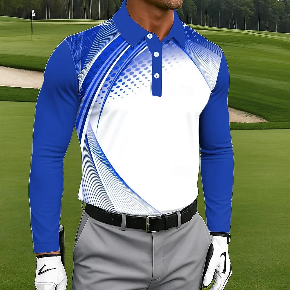 Men's Abstract Geometic Polo Golf Polos Shirts Long Sleeve Polo Shirts Lapel Casual Athleisure 3D Print Buttons Spring