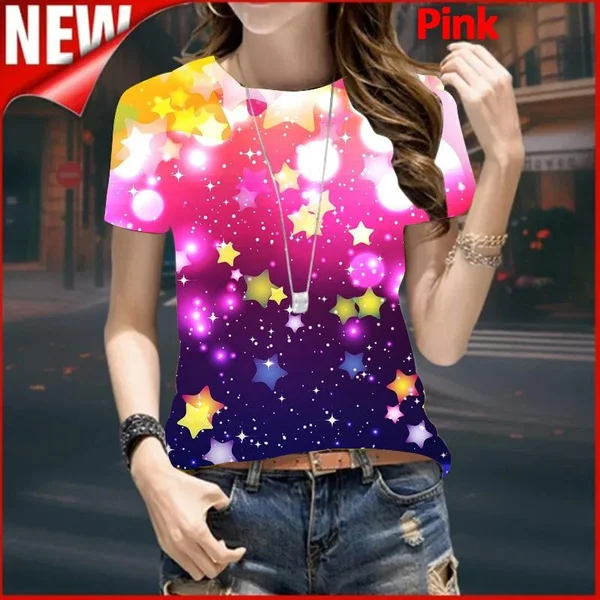 

Women's Fashion Casual 3d Stars Printed T Shirt Short Sleeve Tee Shirt Summer Top