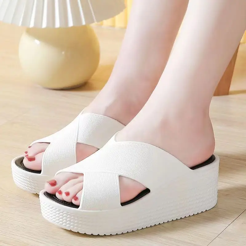 2024 Summer New Woman\'s One Word Hollow Wedge Slipper Thick Sole Non Slip Home Slip Outdoor Beach Slippers Bathroom Slippers