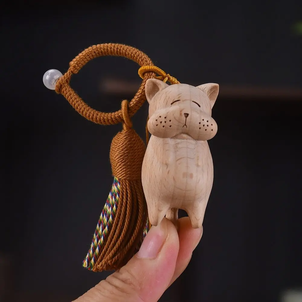 Retro Tassel Handcrafted Wooden Cat Pendant Wooden Material Bags Decoration Cat Keychain Money Catching Cat Bag Pendant