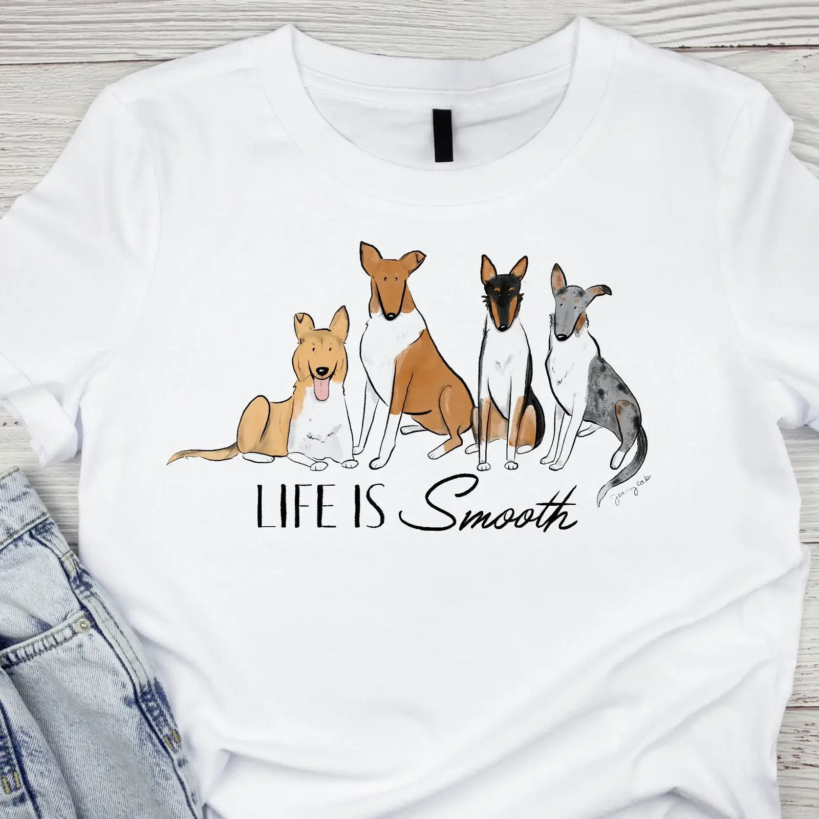 Life is Smooth Weißes Softstyle T-Shirt mit Hundekunst für Collie-Liebhaber, Vintage-Waschung, lässig, weich, dehnbar, Unisex, Grafik