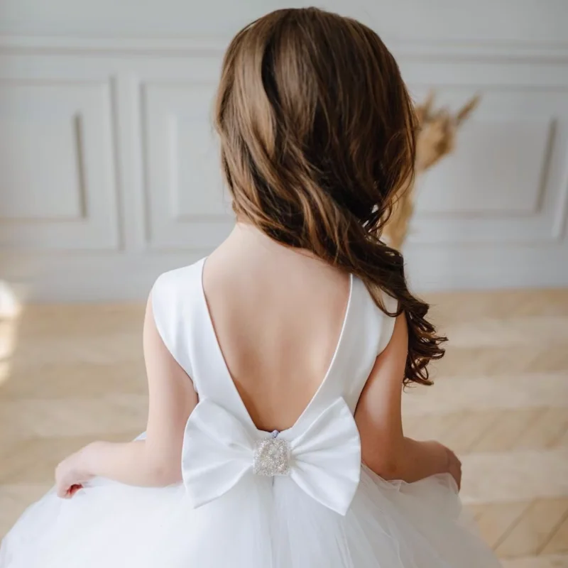 Vestidos blancos de flores para niña, patrón de flores de lentejuelas de tul con lazo, sin mangas para boda, fiesta de cumpleaños, vestidos de primera comunión