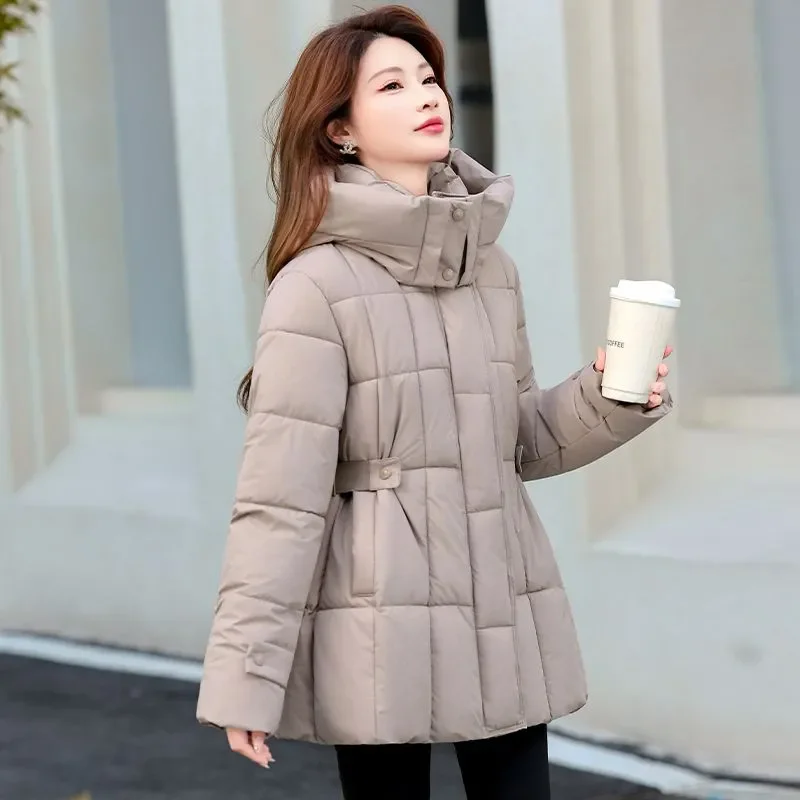 2026 New Winter Chic Down Cotton-Padded Jacket Women's Overcoat Hooded Thick Warm Parka Coat Waist Slim Cotton-Padded Jacket