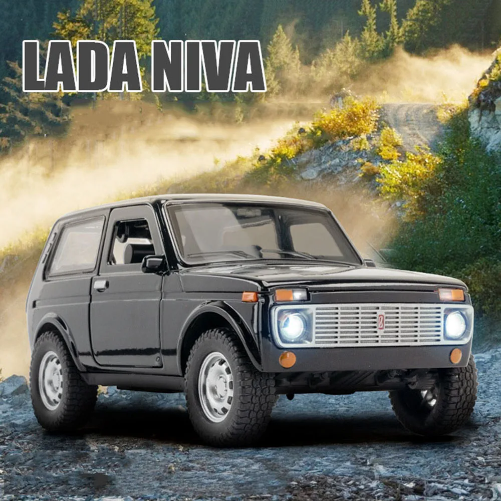 1:18 Rusia Lada Niva modelos de coches de juguete coches Vintage en miniatura aleación Diecast Pull Back 4 puertas abierto sonido luz vehículo regalos para niños