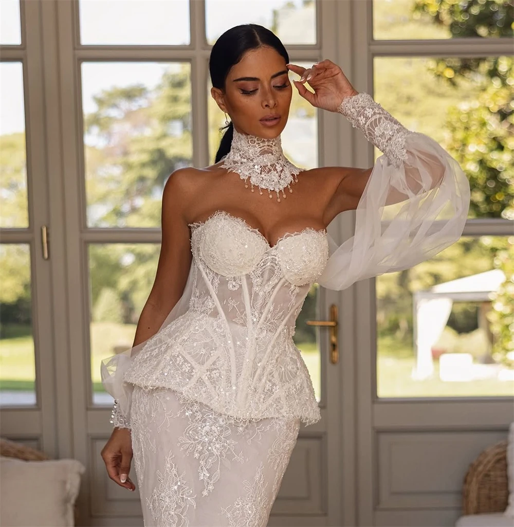 

Customized Sexy White Lace Wedding Dress Formal Sweetheart Sleeveless Bridal Gowns Soft Mermaid Court Train Vestido De Novia