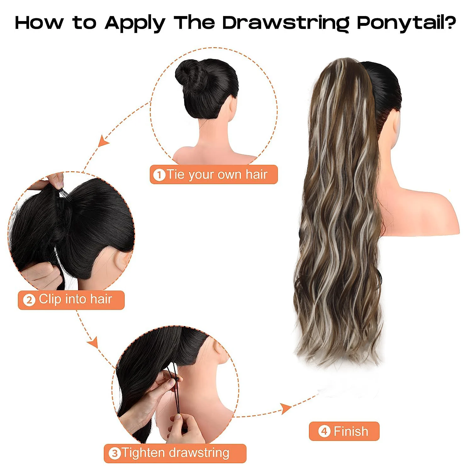 ذيل حصان تمديد الجسم موجة الرباط ذيل حصان تمديد 24 ''طويل متموج الاصطناعية ذيل حصان الشعر التمديد كليب في قطع الشعر