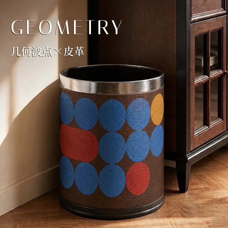 Mid-century Dot Pattern Faux Leather Trash Can, Pop Art Style Waste Bin for Living Room Bedroom Household Storage Decor