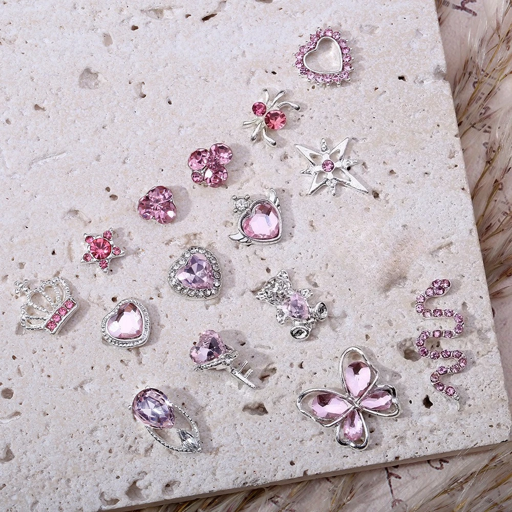 10pc Pink Nail Figures Design Valentine's Day Rhinestones 3D Heart Snake Love Star Butterfly Parts Kawaii Manicure Decorations