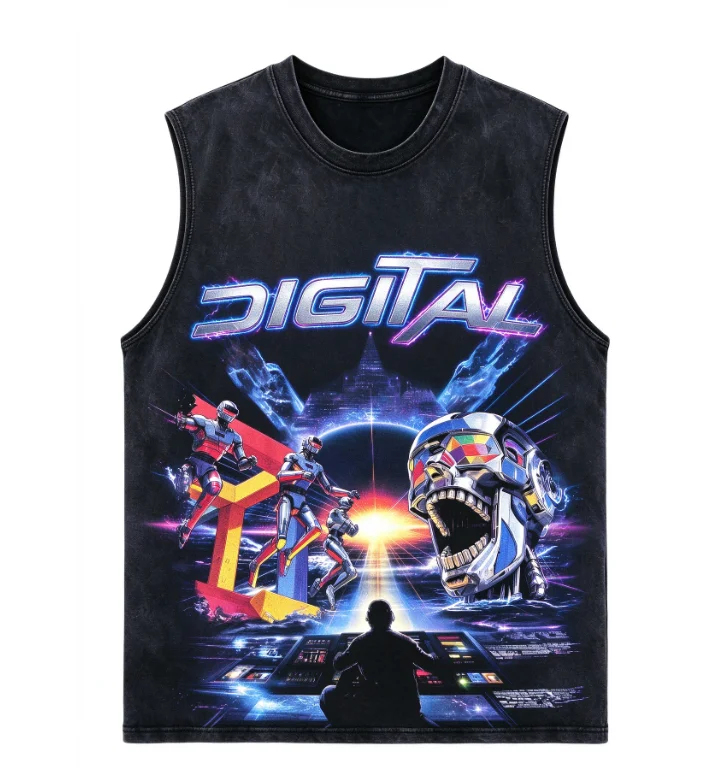 2026 new Single print washed tank top colorful sci-fi mecha cosmic graphic with metallic lettering on front loose sleeveless cut