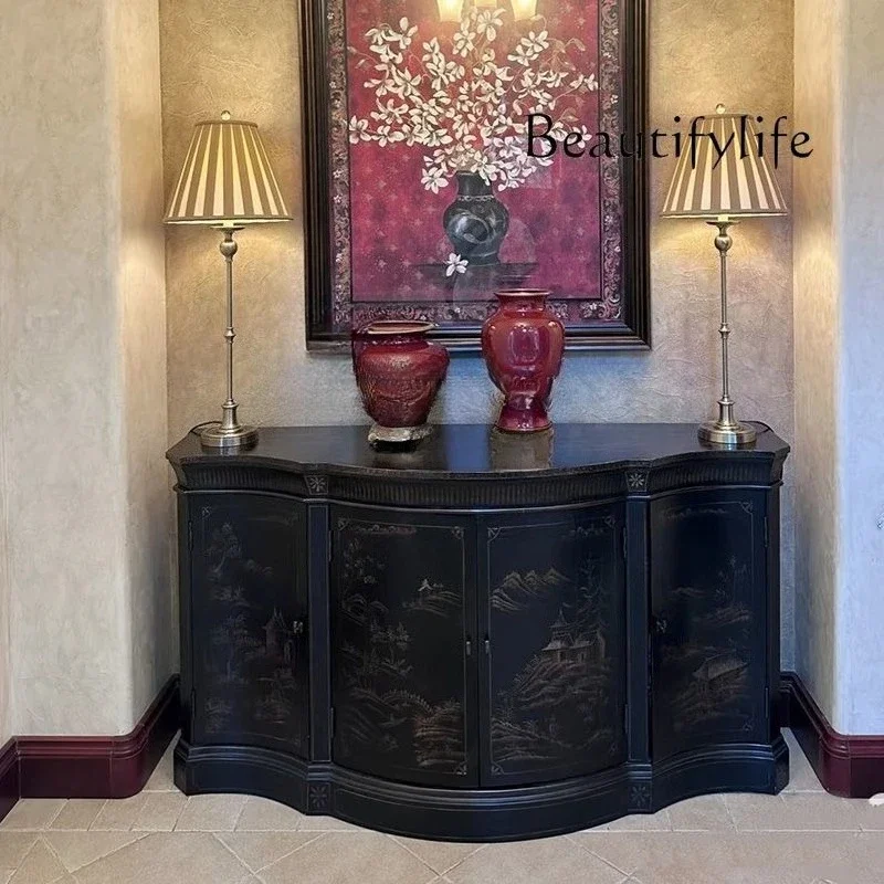 

Q French retro solid wood hand-painted dining side cabinet American country living room wall decorative cabinet partition side c