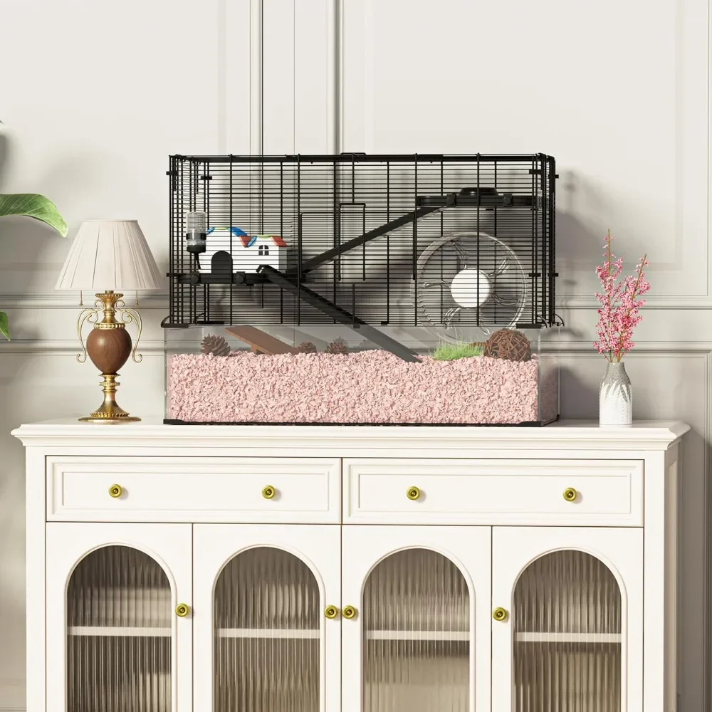 

3-Tier Glass Hamster Tank, Large Hamster Cage Habitat with 11inch Big Running Wheel for Rat, Mouse, Gerbil, Syrian Hamster,