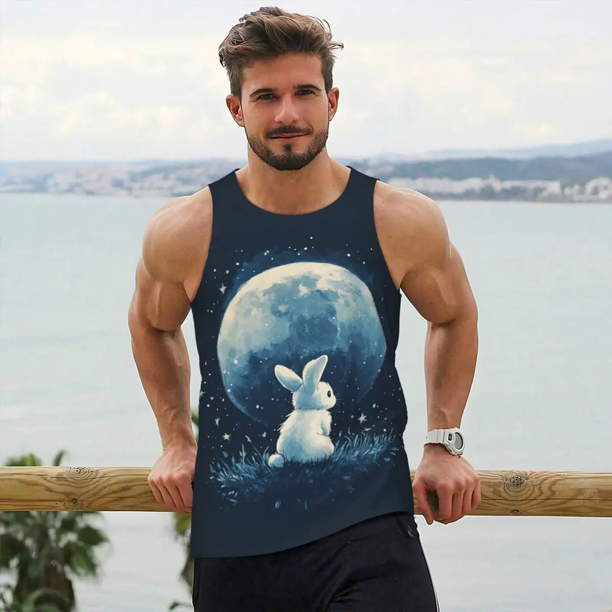 

Cute Space Little Bunny Rabbit Gym Tank Bodybuilding Vest Fitness Sleeveless Tops Quick Dry Men Workout Sports Clothing