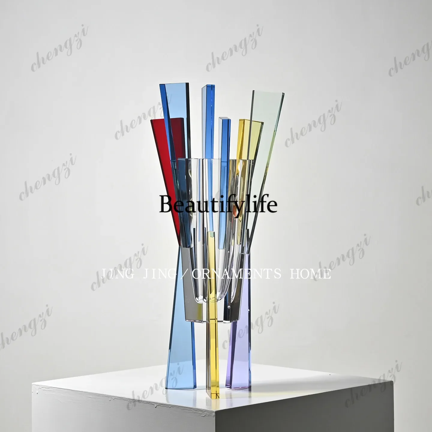 f182 Color vertical bar crystal flower ware abstract geometric splicing high-end vase decoration ornament