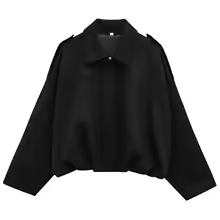 Suede Jacket Cropped Lapel Zip Up Bomber Outerwear for Women - Black