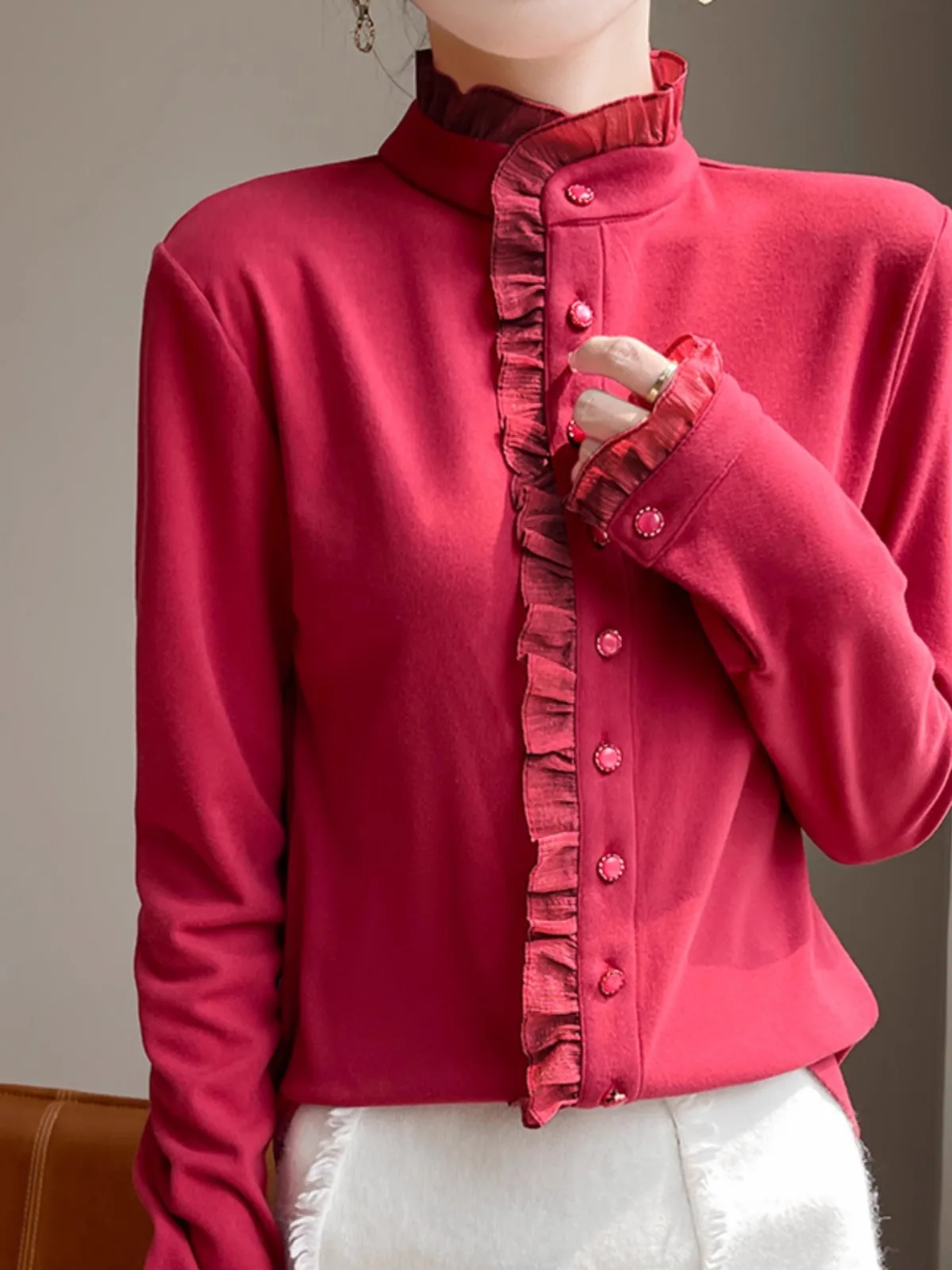 2024 Otoño Invierno mujer Faionable Chinoiserie Sle largo Sve cuello alto Base de terciopelo irt ropa interior con faldas Gored