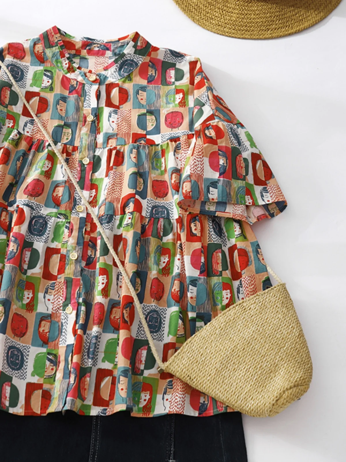 Doodle fiti ort Sve irt Thin Cotton Polyester A-Line Doll Print Button up Women's Casual Summer irt 2023