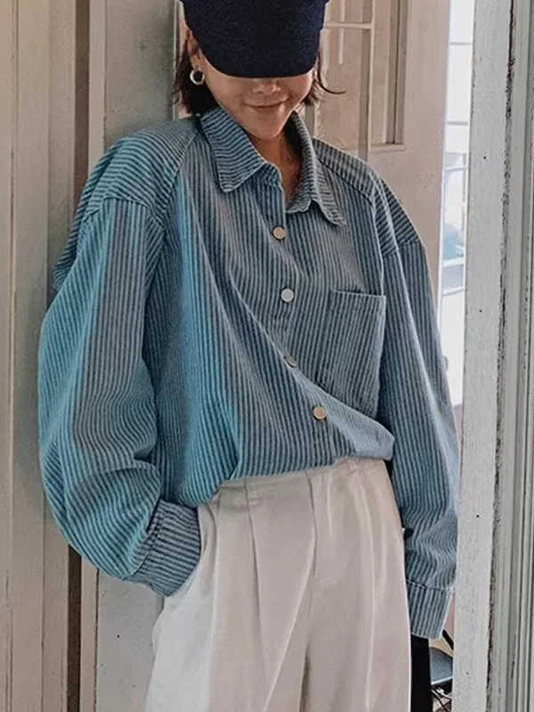 

Retro Chic Striped Loose Fit Single Button Women's irt Korean Sle Long Sve Breathable Comfortable Flipped Collar Top