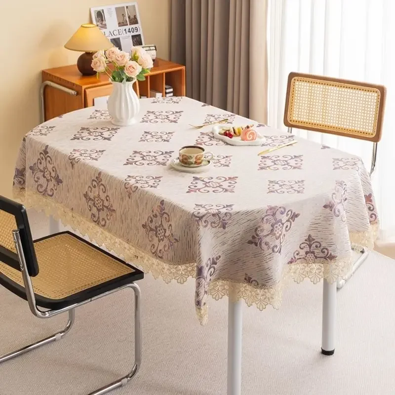 

Tablecloth Oval Geometric Jacquard for Dining Table Cloth Elegant Europe Style 200cm Kitchen Table Cover Beige Simple with Lace