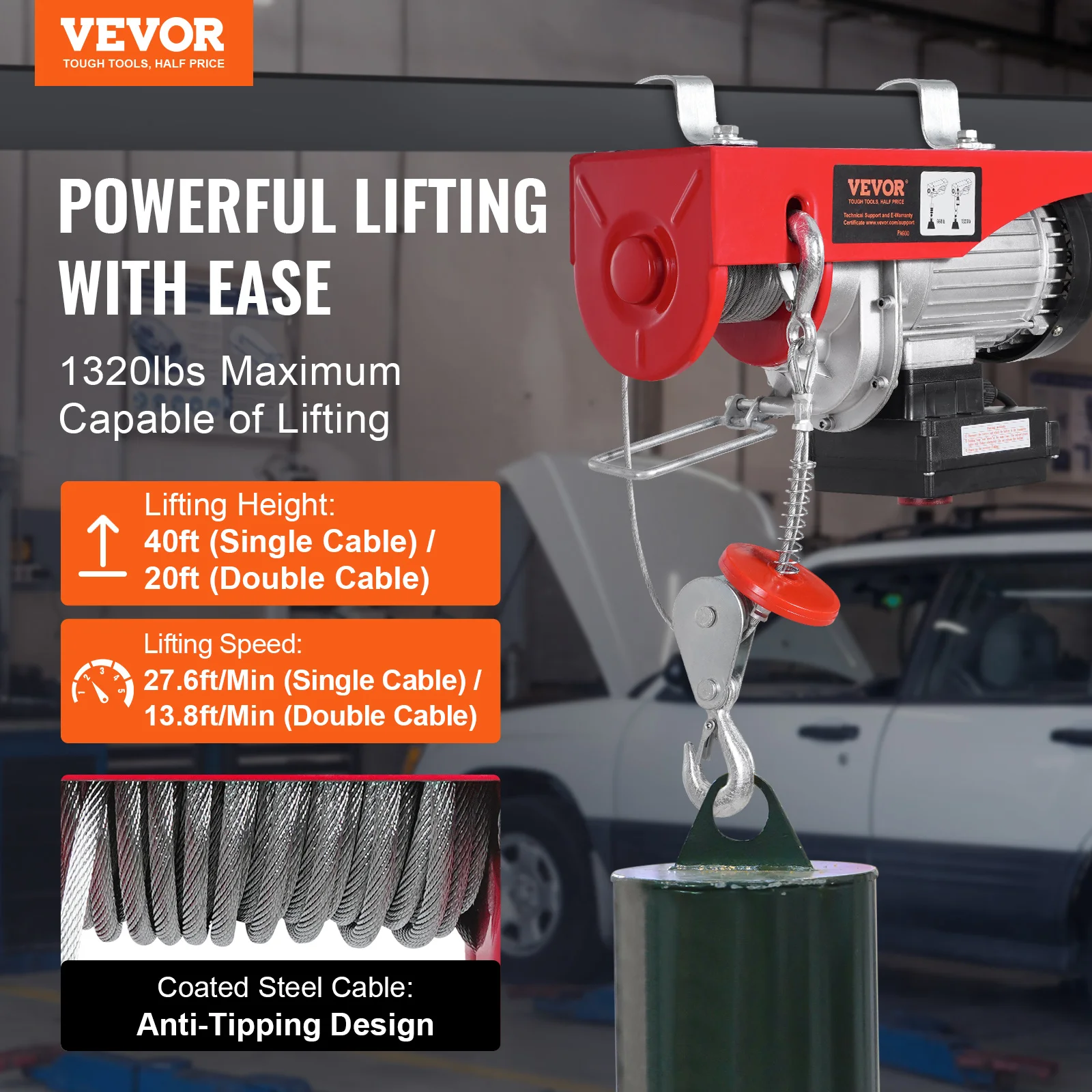 VEVOR 1320 lbs Electric Hoist Crane with 328 ft Wireless 40 ft Single Cable Lifting Height Electric Winch Lift Hoist for Factory