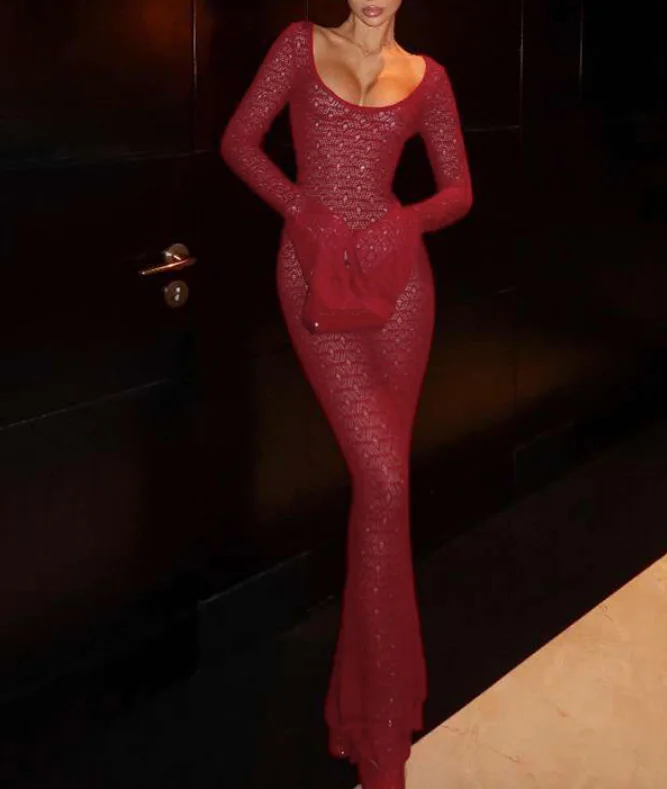 

Women Dress 2026 Spring Summer New Solid Color Sexy Perspective Hollow Out U-Neck Long Sleeve Slim Fit Daily Casual Long Dress