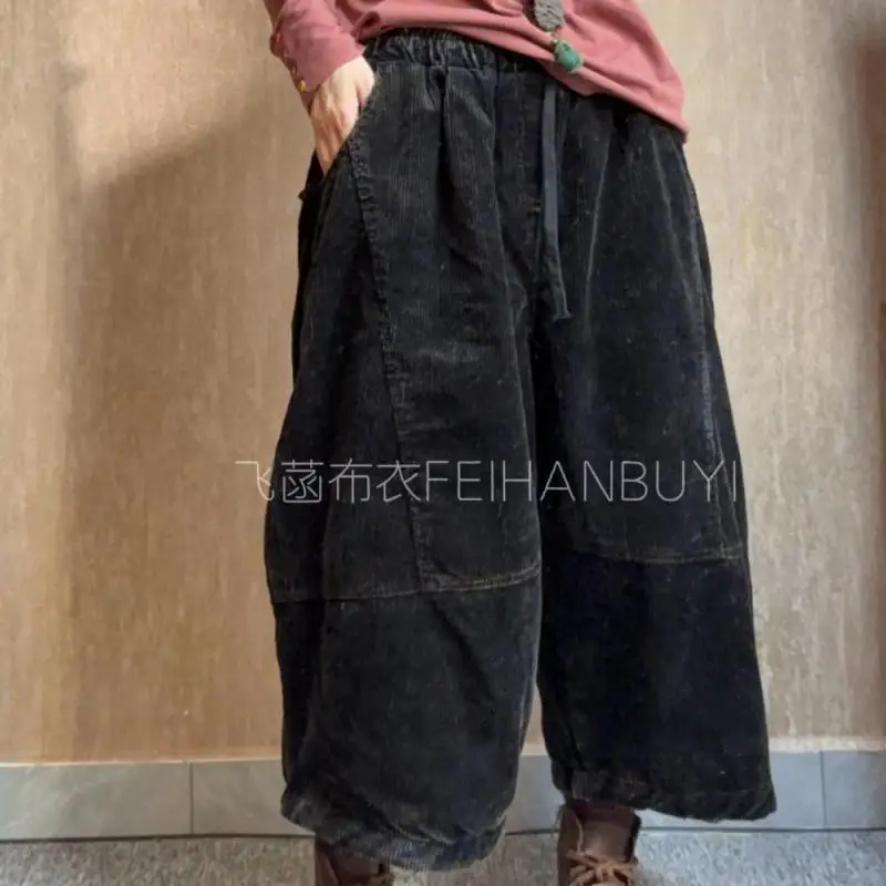New Arrival Autumn Winter Arts Style Women Elastic Waist Loose Casual Ankle-length Pants Cotton Corduroy Vintage Wide Leg Pants