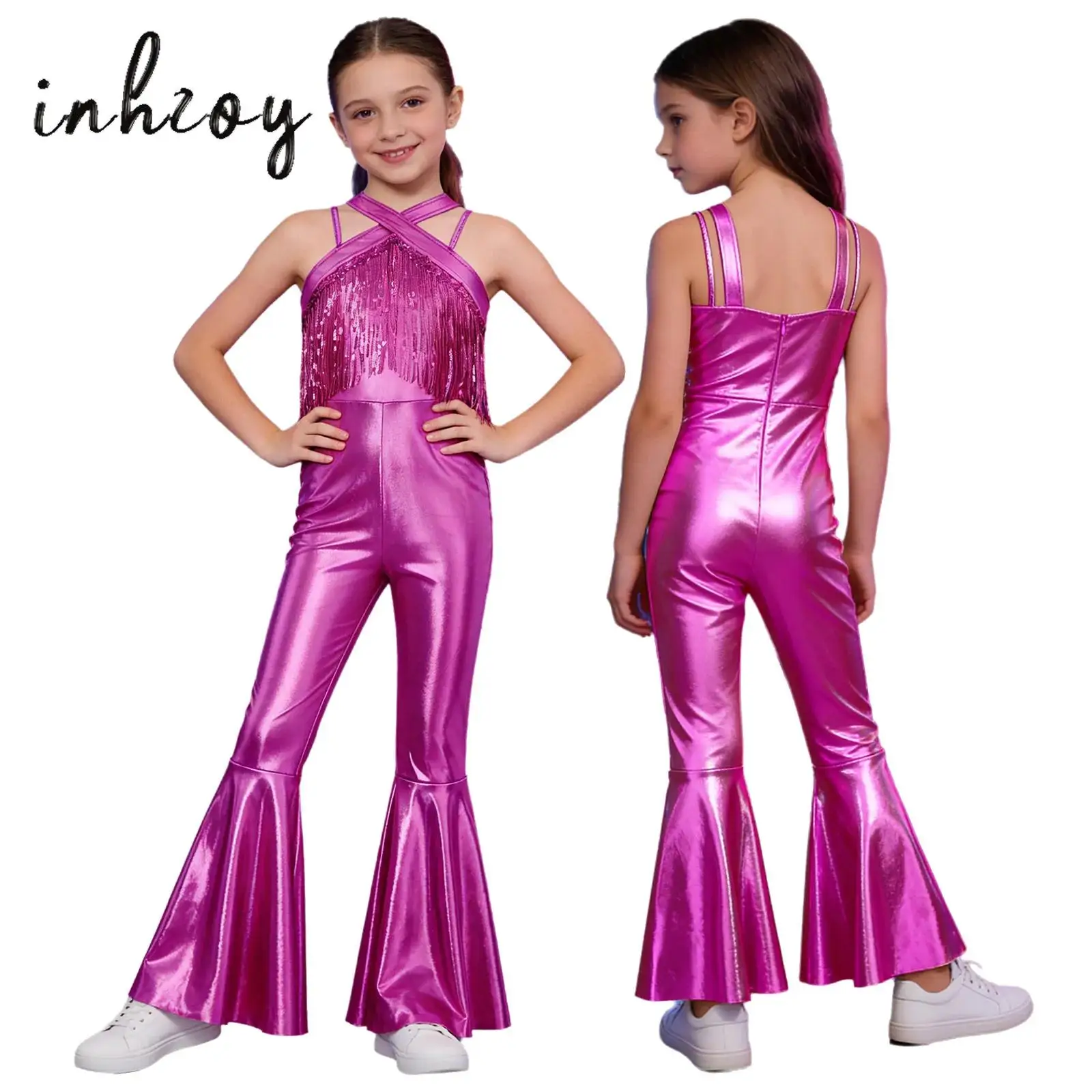 

Kids Girls Metallic Disco Jumpsuit Shiny Sequins Tassels Sleeveless Long Flare Pants Bodysuit for Jazz Latin Dance Hippie Party