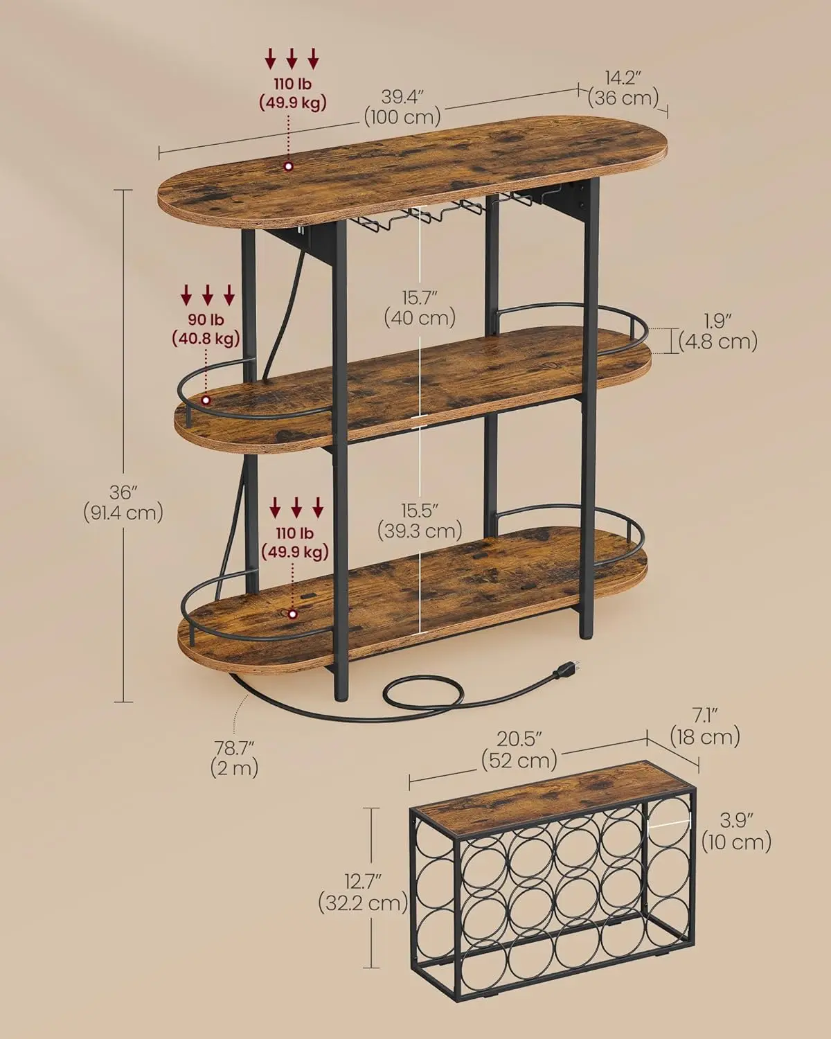 Vasagle Bar Cabinets For Home, Led Coffee Bar With Power Outlets, Home Mini Bar For Liquor, Freestanding Wine Rack With Glass