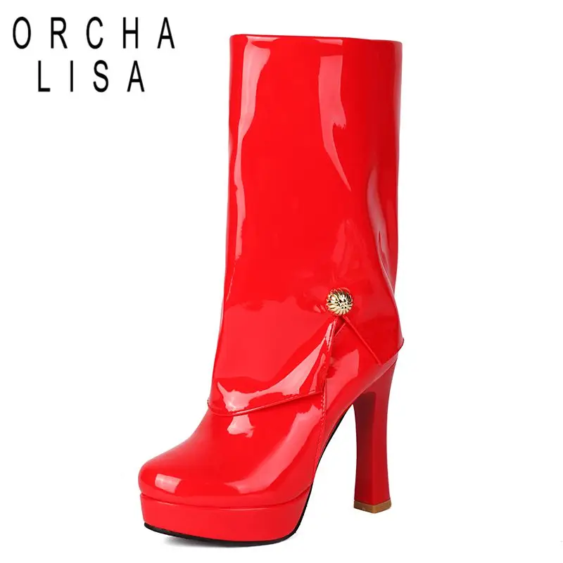 ORCHALISA Sweet Ladies Mid Calf Footwear Round Toe Tall Heel 11cm Raised Base 2.5cm Zipper Extended Sizes 47 48 Glam Shoes