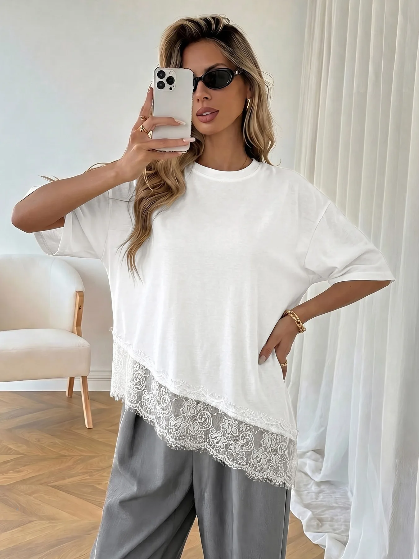 White Lace Patchwork Loose Women T-shirt 2026 New Summer Chic O-neck Short Sleeve Irregular Tops Female Basic White Tops