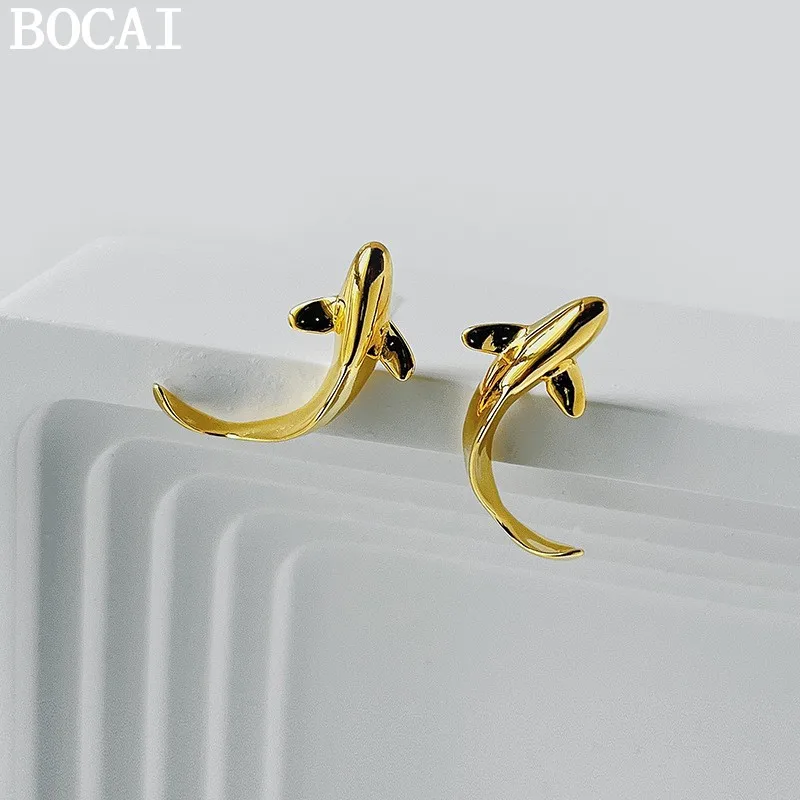 

BOCAI NEW S925 Silver Simple And Fashionable Chinese Style Koi Earrings Women's Gift