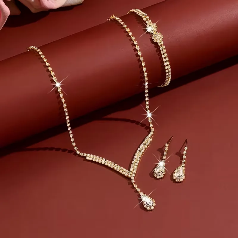 1 Set of Jewelry Includes (1 Pair of Earrings + 1 Necklace + 1 Bracelet) Water Drop Pendant Necklace, Earrings, and Bracelet Three-Piece Set, Fashionable V-Shaped Clavicle Chain, Eco-Friendly Jewelry, Perfect for Brides' Weddings, Banquets, Parties, Fashionable Women's Clothing, Evening Decorations, and Exquisite Birthday Gifts.