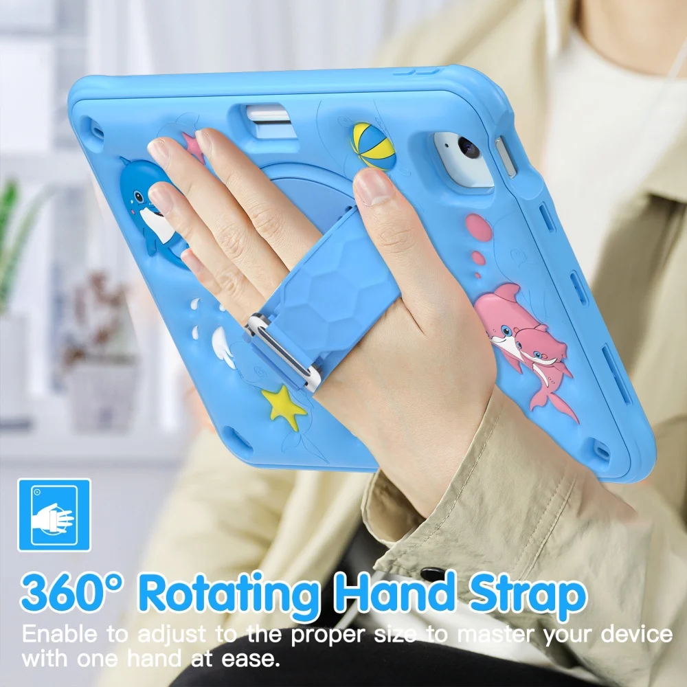 For iPad Mini A17Pro Mini6 Kids Cute Case for iPad Air 4 5 10.9 Pro11 Air11 Cartoon Silicone Wrist Strap Shoulder Rotation Cover - view 5