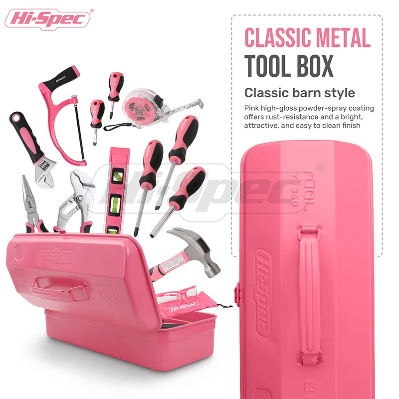 Hi-Spec Lady Household Repair Tool Set 30pc Manual Tools Woodworking Hand Tools With Screwdriver Plier In Pink Metal Tool Box