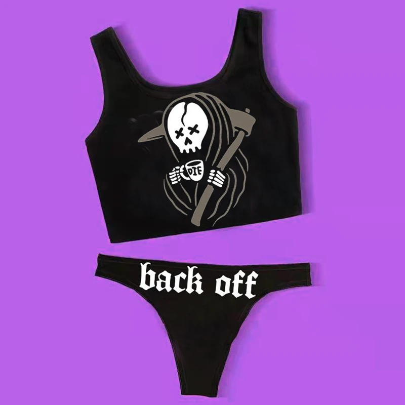 Sexy Gothic Swimwear Woman 2025 Skeleton Letter Print Sport Vest Thong Swimsuit Punk Split Bathing Suit