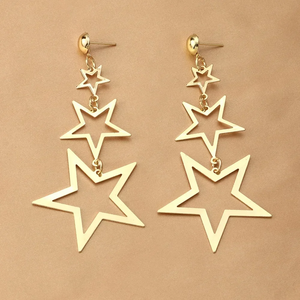 Star Metal Long Drop Earrings Classic Kpop Sweet Double Stars Temperament Girl\'s Wear Pendants Earrings for Women Jewelry