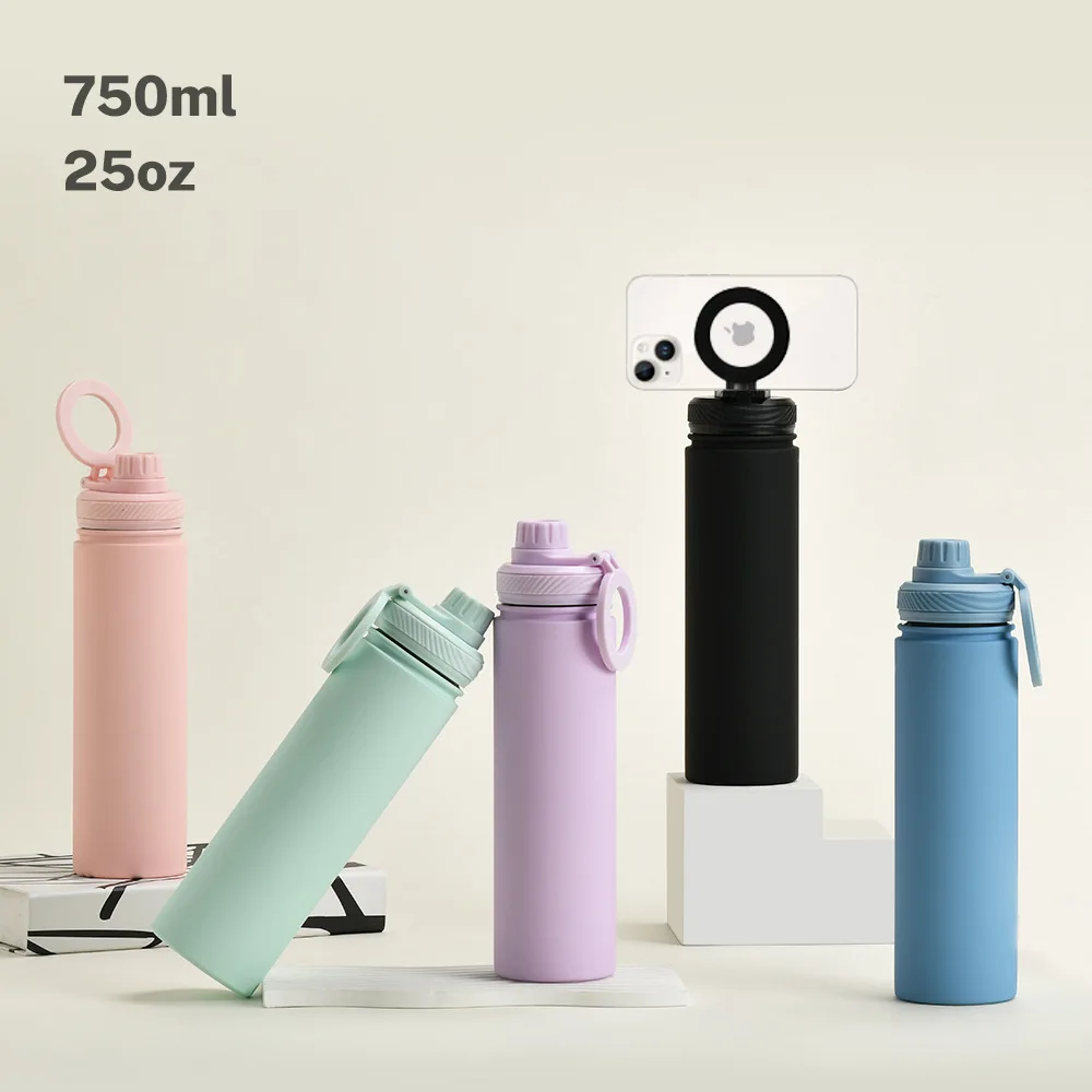 750ML Large Capacity Wide Mouth Sports Thermos Cup With A Magnetic Cellphone Stand Handle,2-layer Stainless Steel Water Bottle