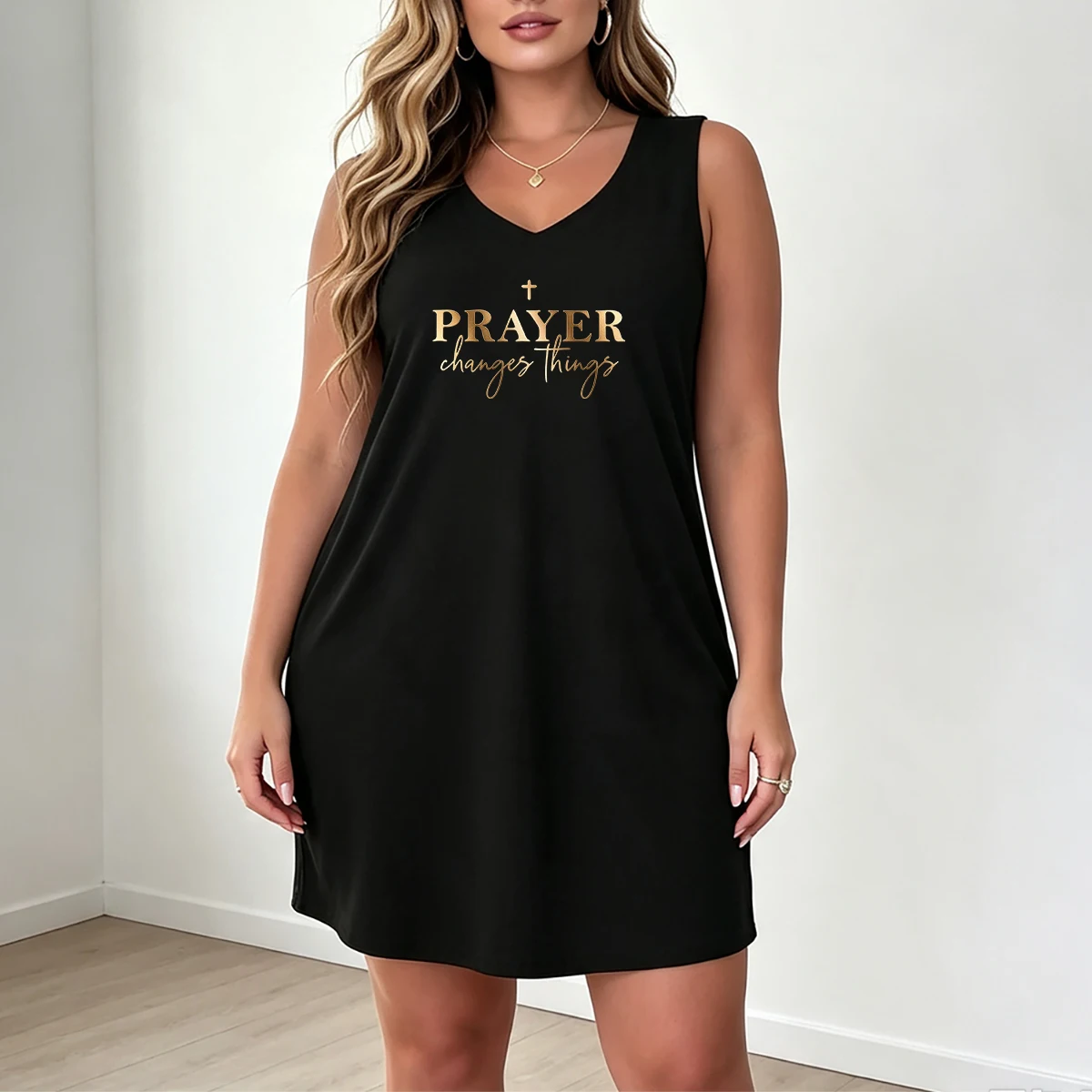 Vestido sin mangas con cuello en V para mujer de talla grande, PRAYER cambia las cosas, estampado de cruz pequeña con eslogan en inglés en degradado dorado, tema de fe y oración, vestido holgado de verano sencillo y elegante.