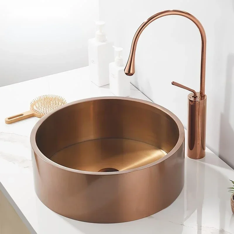 

Nordic Hotel Bathroom Sinks Light Luxury Round Rose Gold Wash Basin Stainless Steel Bathroom Washbasins Kitchen Basin Sinks