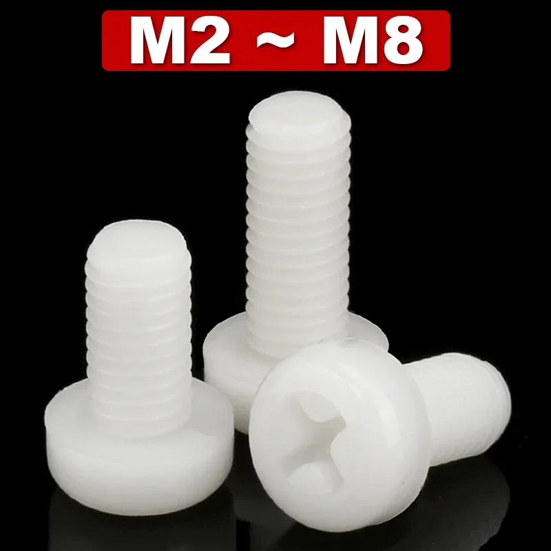 M2 M2.5 M3 M4 M5 M6 M8 Metric Threaded White Nylon Plastic Phillips Round Pan Head Cross Round Screw Bolt Length 4mm-100mm 50pcs