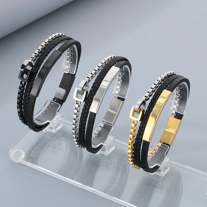 Creative Square Charm Cowhide Bracelet for Men Hip Hop Golden Stainless Steel Leather Bracelet Personalized Trend Jewelry Gift