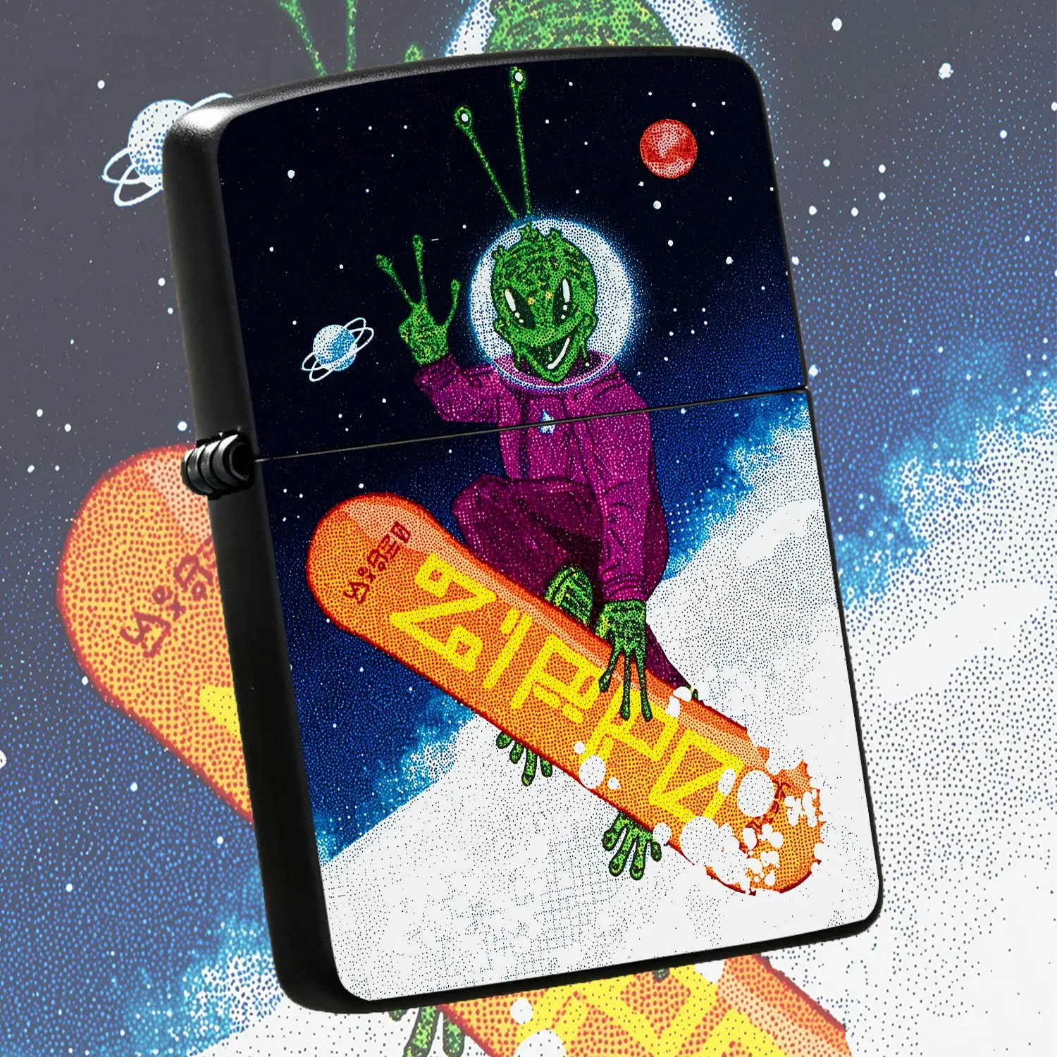 Fun Alien Snowboarding In Space Themed Lighter, Trendy Interstellar Exploration Style Portable Igniter, Cool Unique Cosmic Vibe Accessory, Multi-Scene Practical Carry Item, Novel Exquisite Gift For Friends And Hobbyist A Humorous And Intere