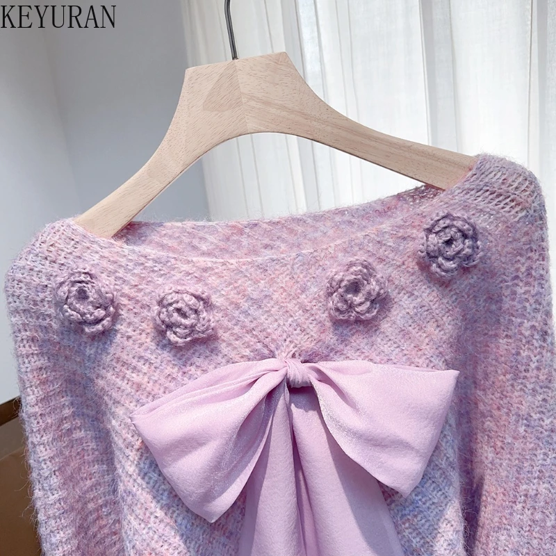 Suéteres rosas con mangas de murciélago y flores en 3D para mujer, jerséis elegantes holgados Vintage, Tops de punto, Otoño/Invierno