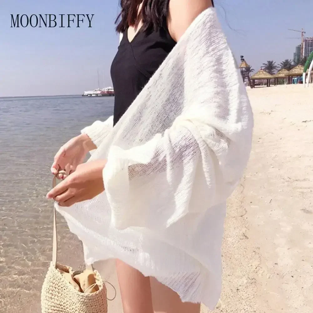 2024 Summer Knitted Cardigan Cardigan lazy loose Hollow soild color long-sleeved air-conditioned shirt Cropped Sweter Cardigan