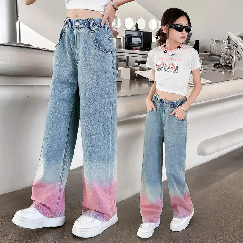 2025 Big Teens Girl Tencel Wide-Leg Jeans Kids Girls Gradient Color Denim Pants Children Outwear Long Trousers Girl Clothing