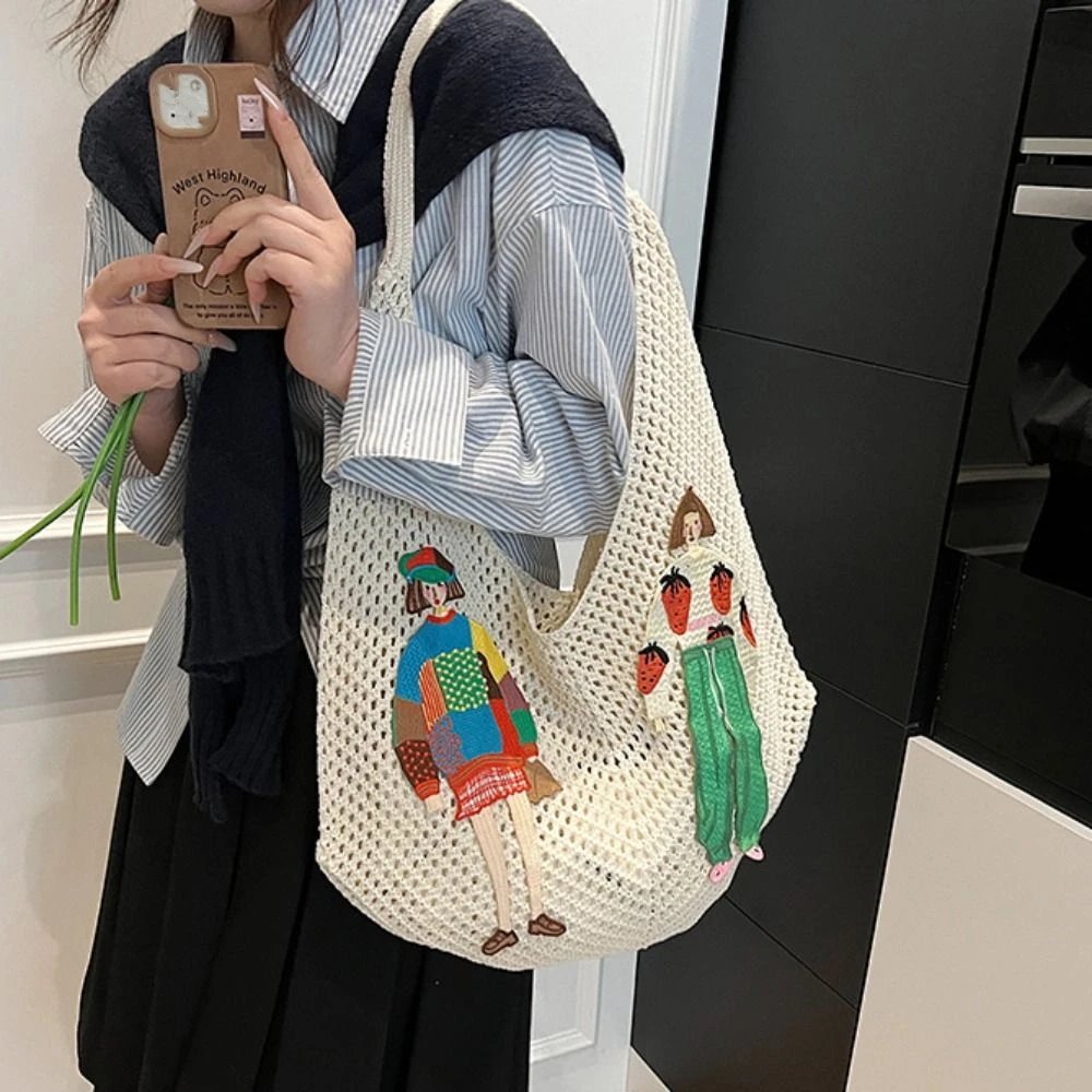 

Simple Sweet Knitted Tote Bag Hollow Out Embroidery Weave Shoulder Bag Cartoon Underarm Bag Crochet Beach Bag Travel