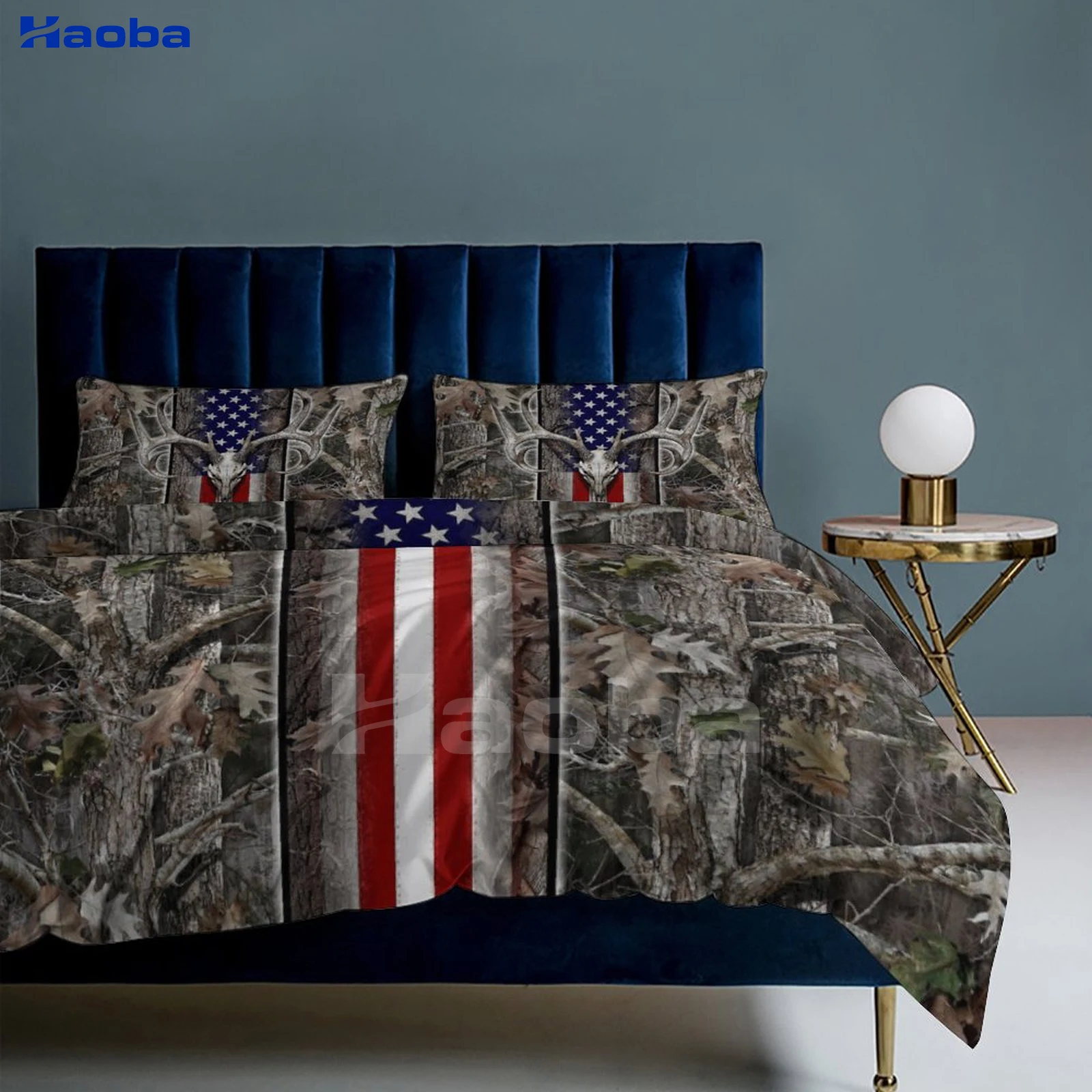 Amerika Vlag & Hert Elanden Camo Print Driedelige Beddengoed Set Kinderen Of Volwassenen Voor Bedden Quilt Covers Verjaardagscadeaus Voor Vrouwen Mannen