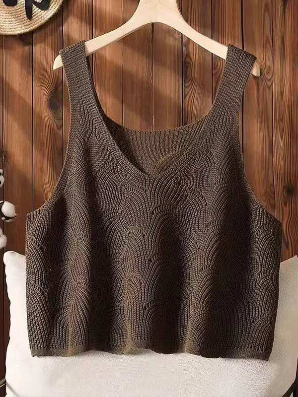 

Ladies' Knitted Hollow out Vest Top Summer Loose Outerwear Fashionable Versatile Women's Sweater Vest V-Neck Short Style