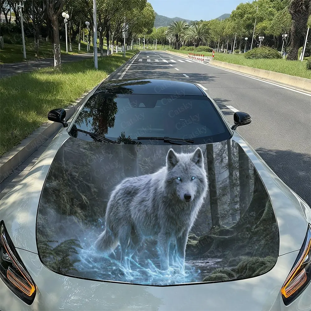 Fantasy Style Forest White Wolf Car Vinyl Wrap, PVC Waterproof Car Hood Sticker, Self-Adhesive Scratch-Resistant Stickers