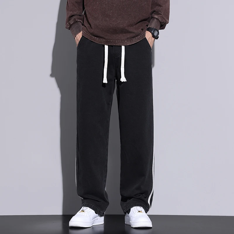 

Уличная одежда Свободный крой Прямые джинсы Унисекс Однотонные винтажные брюки Повседневные осенние мужские и женские новые джинсовые брюки Модные широкие брюки в стиле хип-хоп