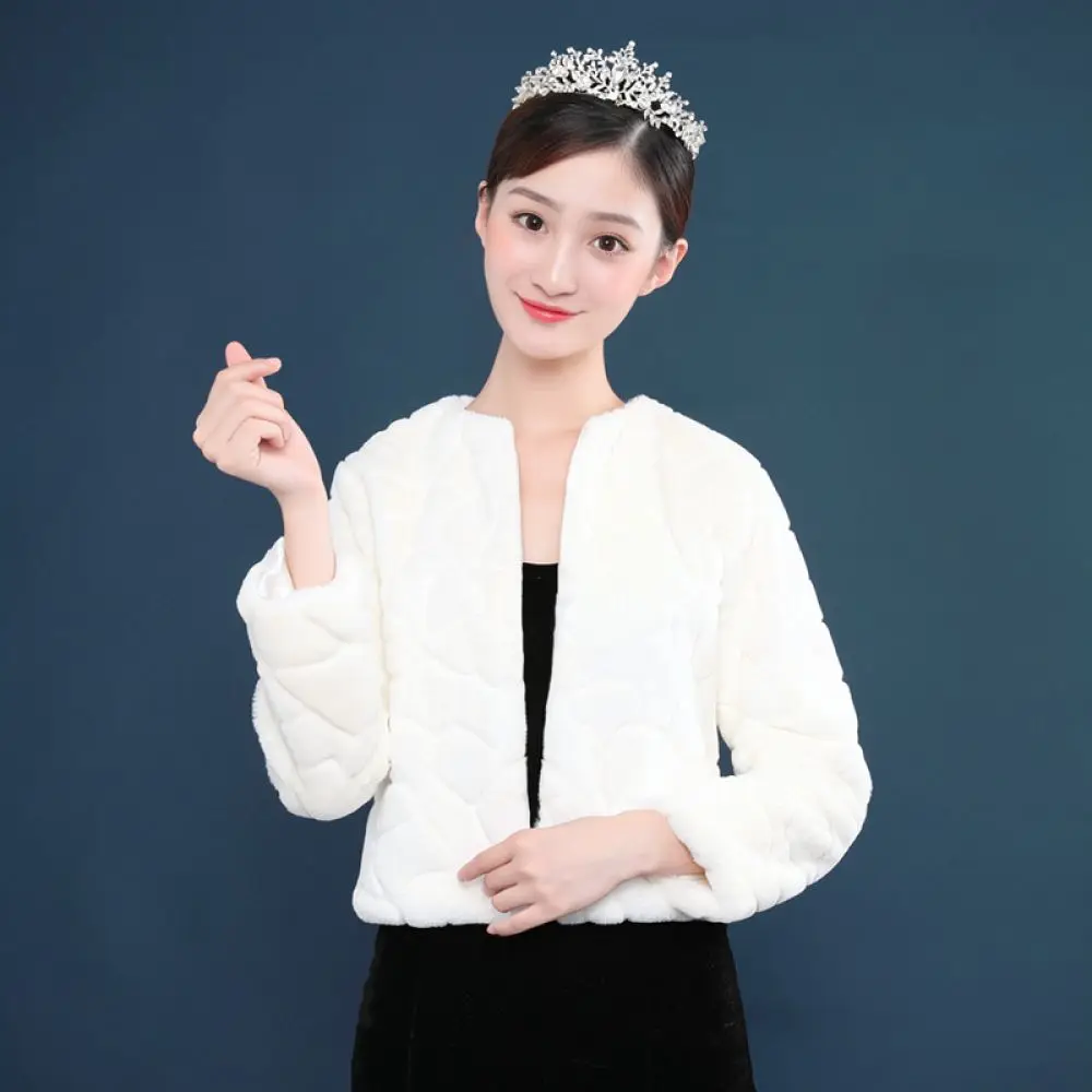Winter Wedding Bridal Shrug White Long Sleeve Fur Cape Bolero Wrap Elegant Jacket For Bride Formal Party Evening Dress